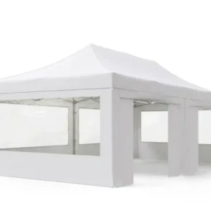 Tonnelle pliante blanche avec parois, portes et fenêtres