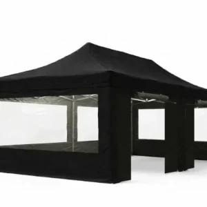 Tonnelle pliante noire avec parois, portes et fenêtres